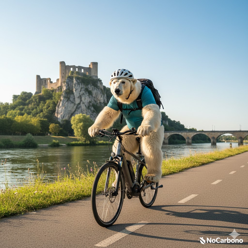 Ours polaire faisant du vélo électrique à Valence sur la ViaRhôna face au Château de Crussol.